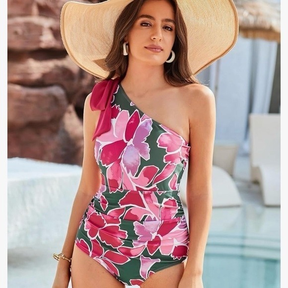 Grace Karin Womens Floral One Shoulder Swimsuit Tie Ruched Tummy Control 2XL New - Picture 3 of 8